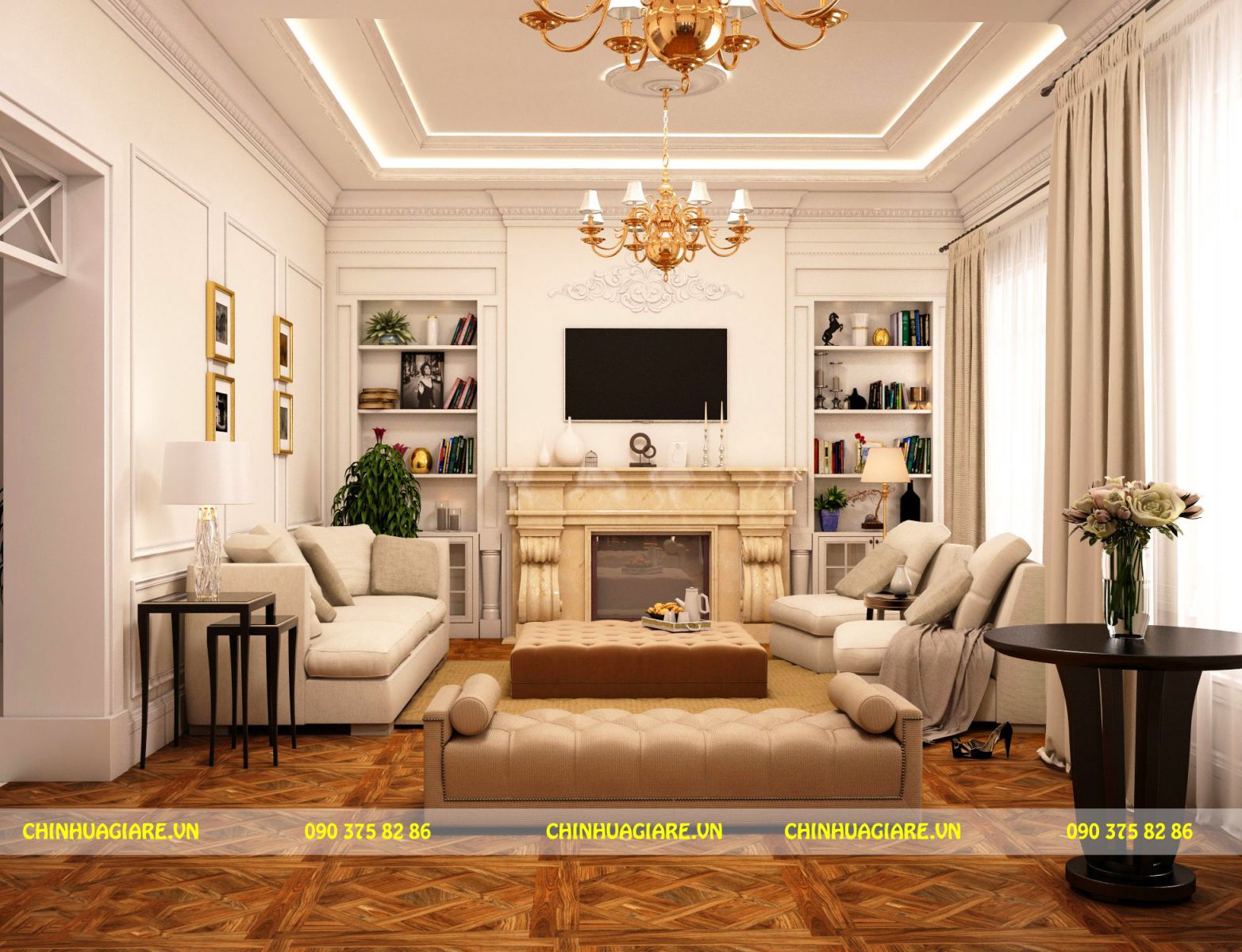 Thiết kế phòng khách rộng 40m2 kiểu cổ điển | Thiết kế Nam Cường